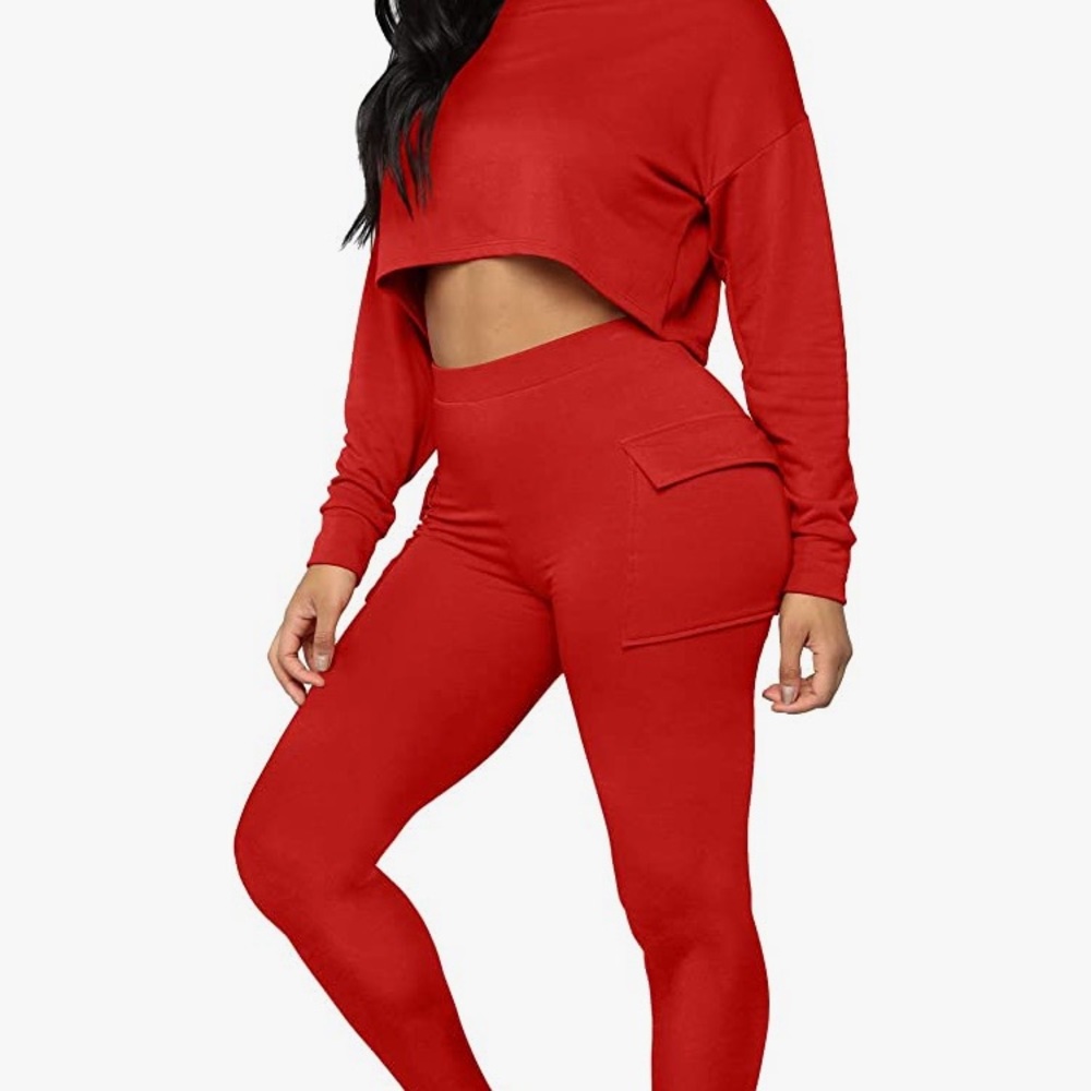 2 Piece Red Shoulder Top Long Sleeve With Jogger Cargo Leggings
